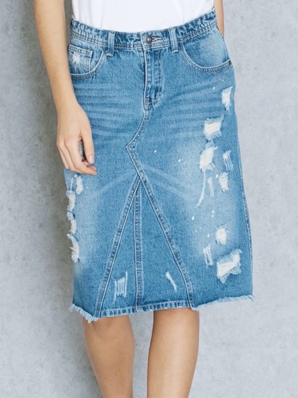 Distressed Blue Denim Knee-Length Skirt - Picture 3 of 6